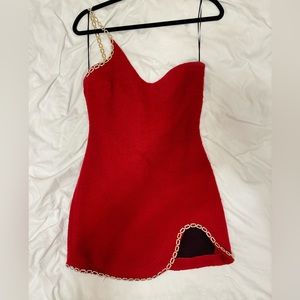 Zara Red Mini dress with gold chain detail and swoop hem